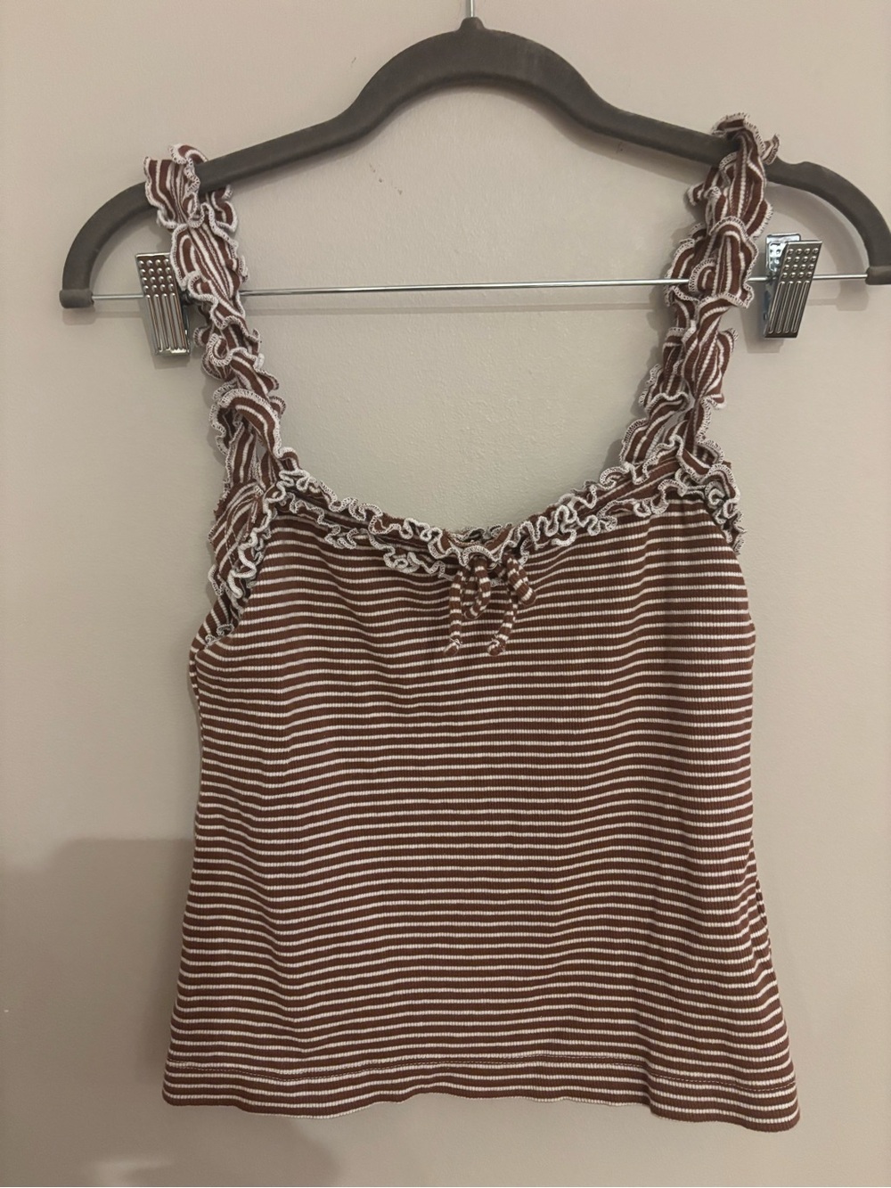 Maeve Brown and Cream Striped Ruffle Strap Tank